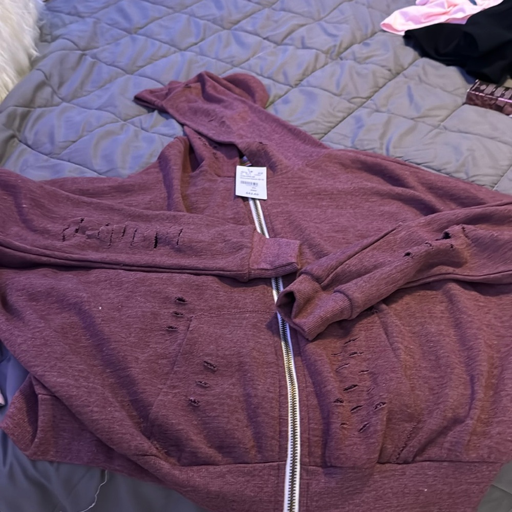 Red/maroon ripped and cropped zip up